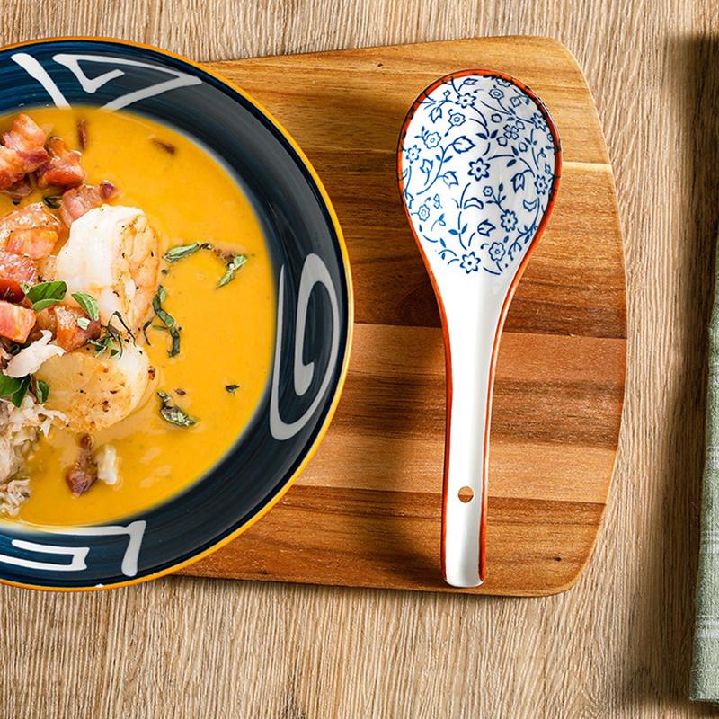 1Pc Blue And White Porcelain Soup Spoon Household Tableware Retro Japanese Style Ceramic Soup Spoons For Home Restaurant