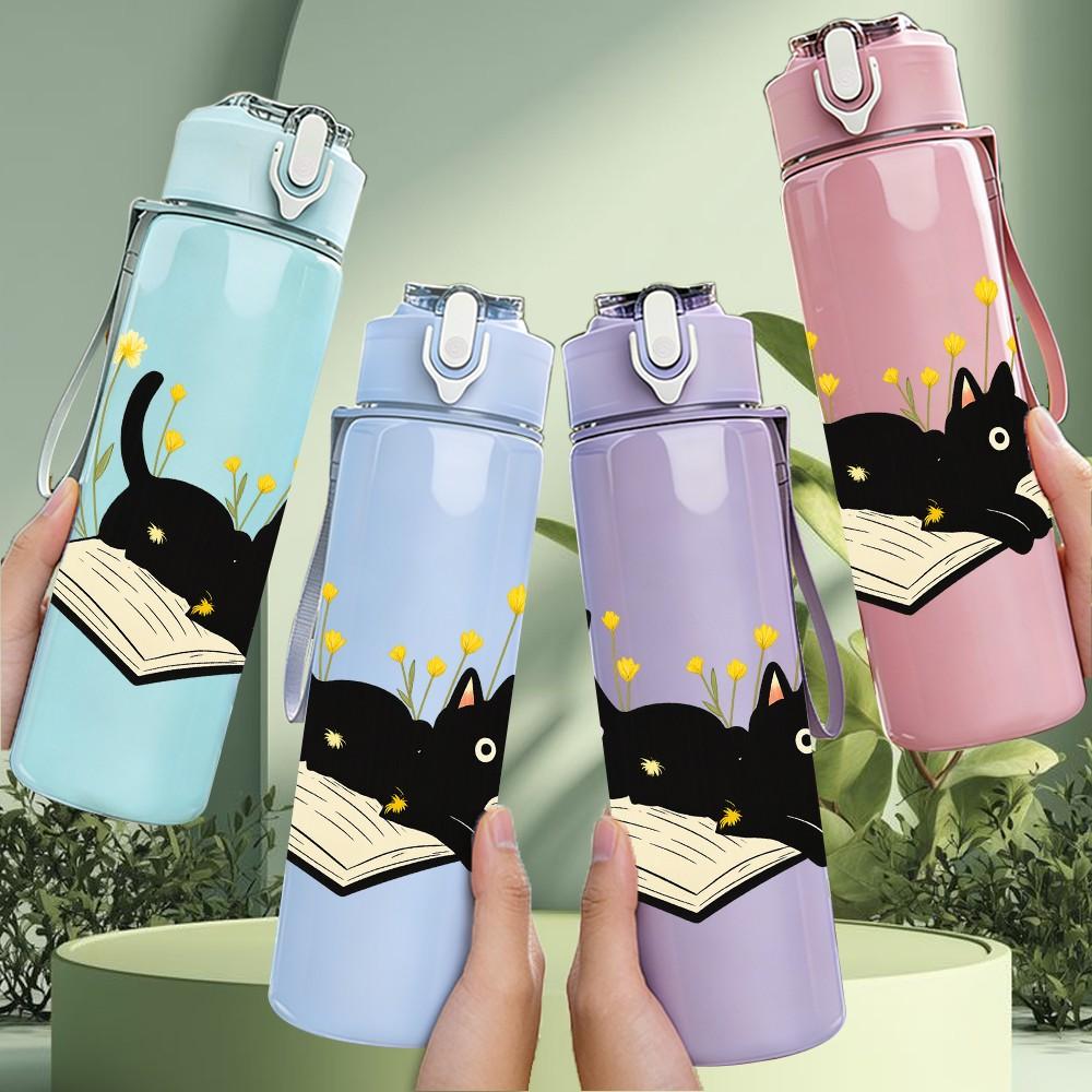 1PC Black Cat Reading Book Art 750ml Color Plastic Sports Water Bottle Leakproof Flip Straw Lid Suitable for Sports Office Home Use