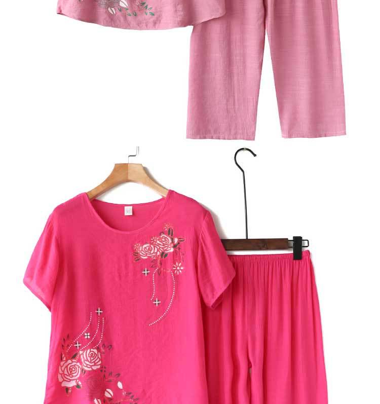 Senior Women's Cotton Linen Pajama Set: Short-Sleeved, Two-Piece Summer Outfit for Moms and Grandmas