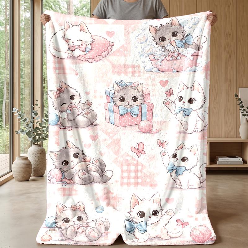 Cute Kittens in Playful Scenes blanket Personalized Name Flannel Blanket Soft Cozy Plush Throw for Sofa Bed Lightweight Home Decor