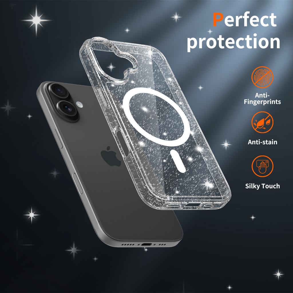 Magnetic Glitter Clear Case for Magsafe Iphone 17 Pro Max Air 16 Plus 16E 15 13Pro 14 Pro 16Pro 17Pro Mag Safe Anti Yellowing Phone Cover Accessories