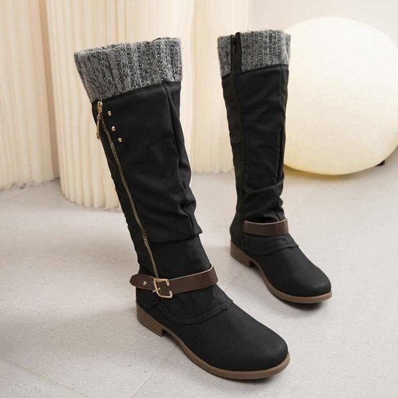 Large Size Tall Tube But Knee Metal Buckle Boots Autumn and Winter New Round Head Women's Boots