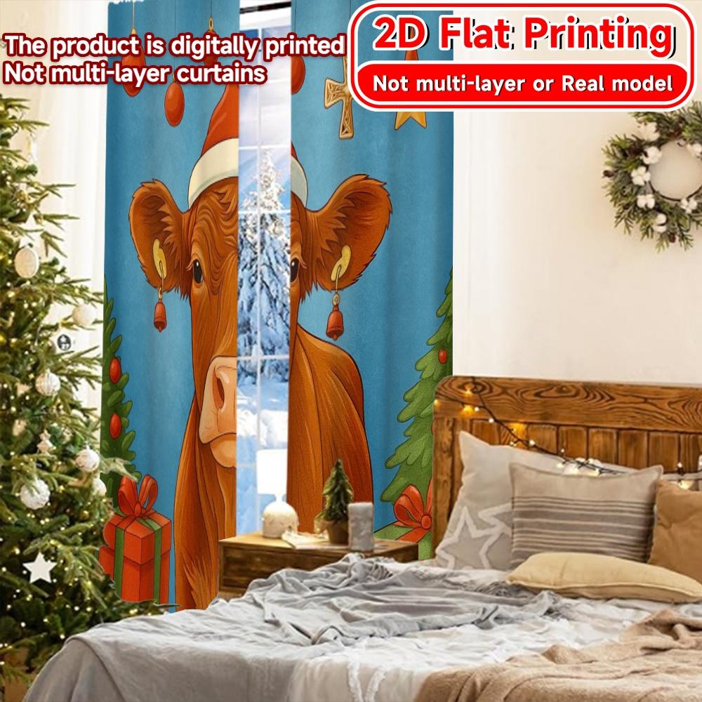 Set Of 2 Flat Printing Curtains Without Rod Festive Cow Digital Holiday Polyester Use Made
