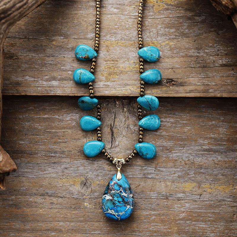 Luxury High Quality European and American Natural Turquoise Fashion Vintage Bohemian Water Drop Pendant Rice Bead Necklace, Jewelry
