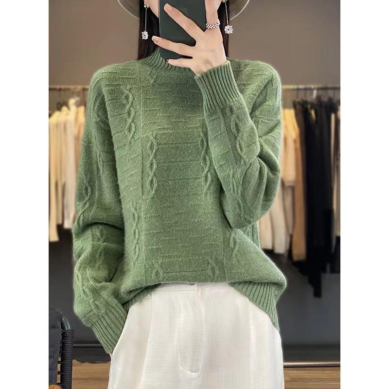 Women's High Neck Wool Sweater - Thick, Loose Knit Top for Autumn/Winter