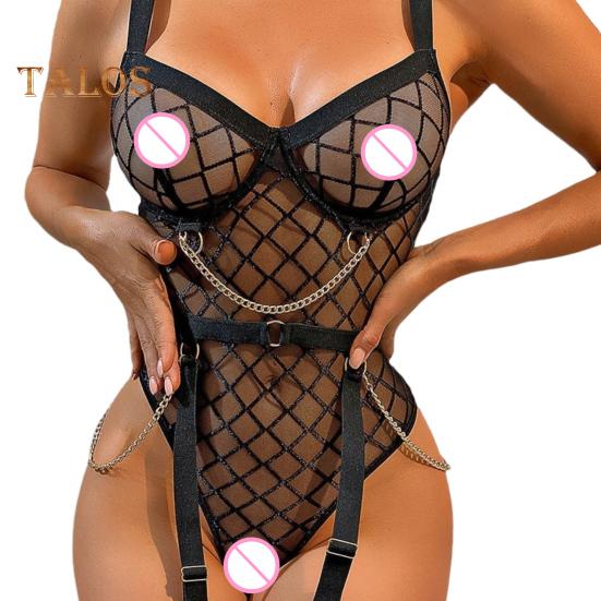 Women Bodysuit Backless Sleeveless Hollow Out Fishnet Push-up Gra Thin See-through Lace Spaghetti Strap Skinny Lady Wedding Night Playsuit