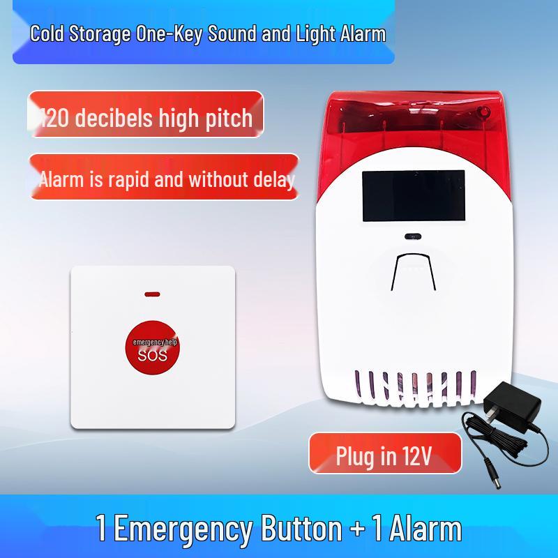 Cold Storage Sound & Light Wireless Alarm System with One-Key Emergency Button for Refrigerator/Freezer.
