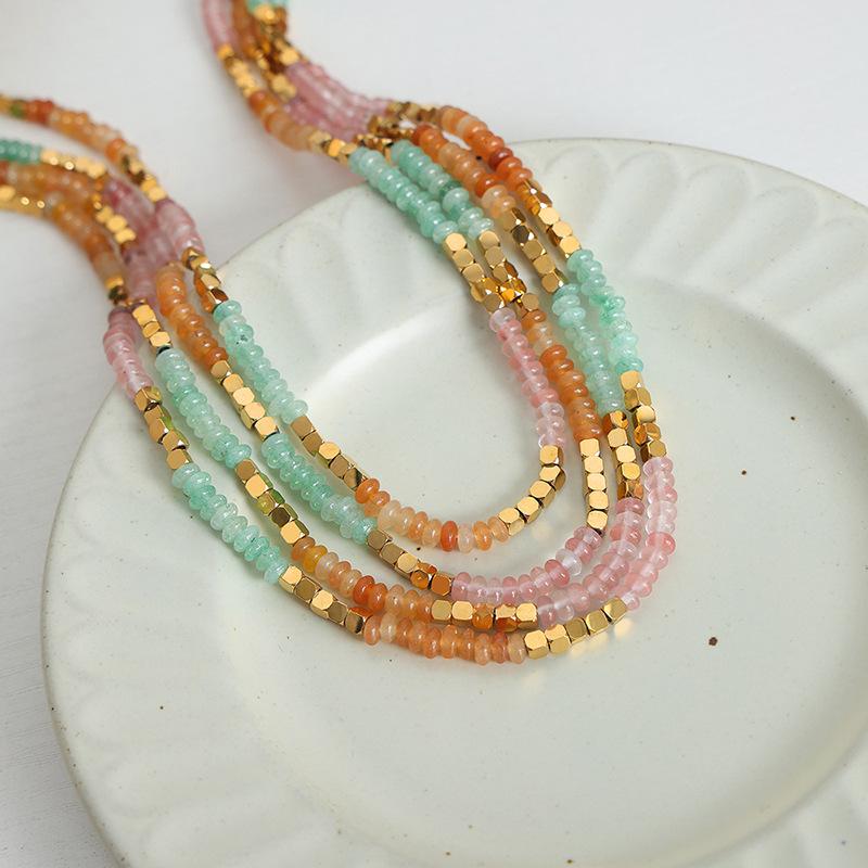 Maillard Reaction Vacation Style Amazonite Crystal Beaded Titanium Steel Necklace