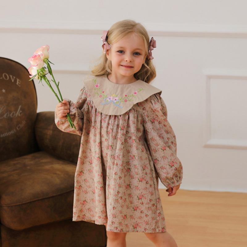 

Весна и осень для девочек винтажное цветочное кукольное платье с воротником и вышитыми цветами, милое платье принцессы 140cm хаки