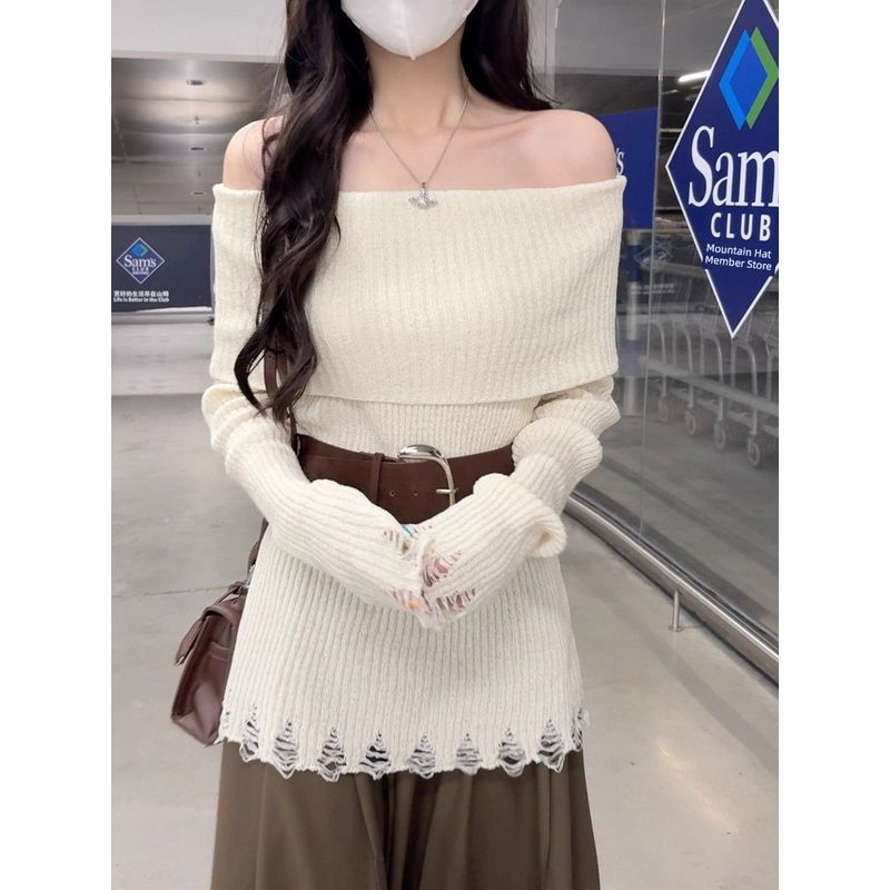 Kumikumi Design Sense Solid Temperament off-Shoulder Long sleeve Knit Women Autumn Waist Hugging Slimming Versatile Top