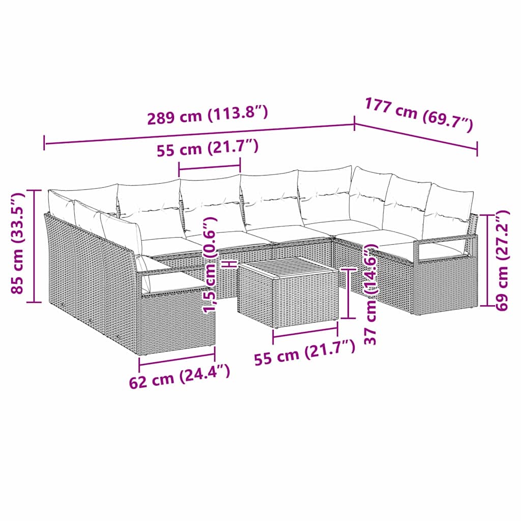 10 Piece Grey Garden Sofa Set with Cushions
