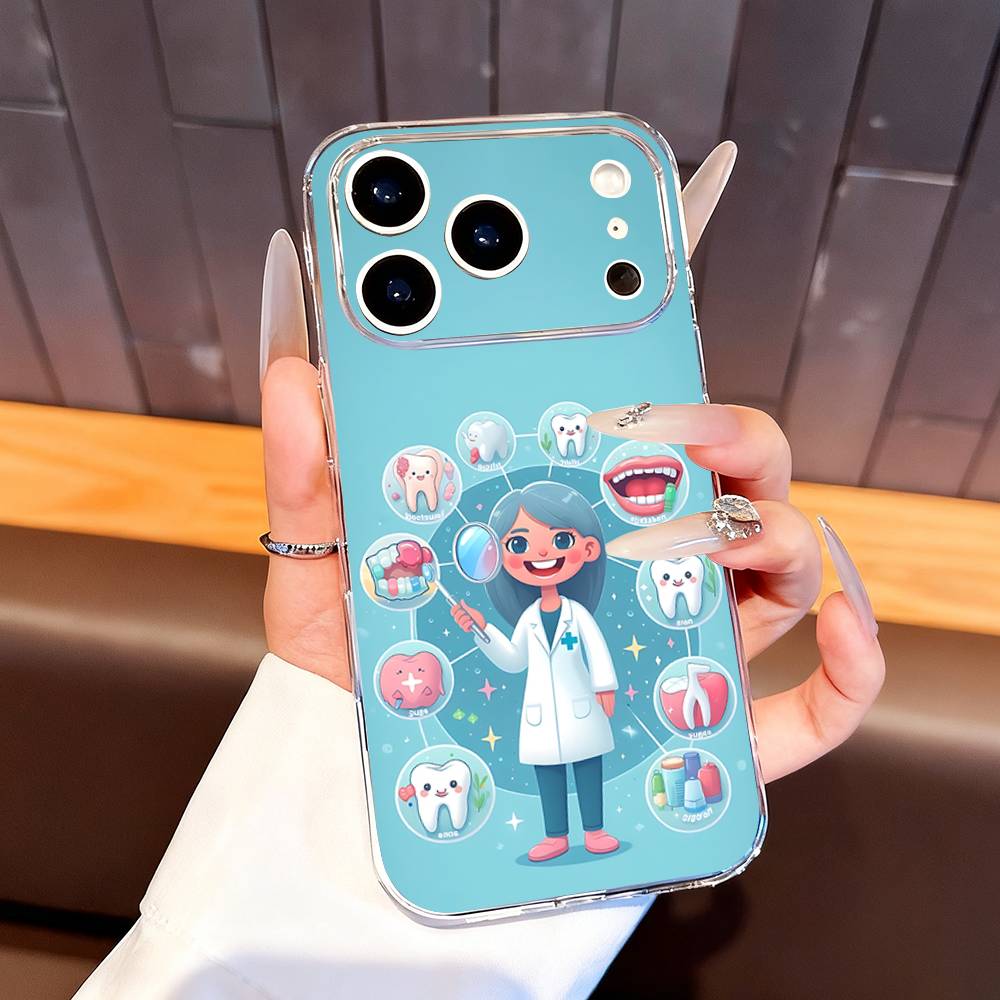 Cartoon Zähne Zahnarzt Handyhülle Für iPhone 7,17,16,15,14,13,12,11 Pro,Max,Plus,XR,Mini,E Klar Vollständige Abdeckung Weiche Hülle