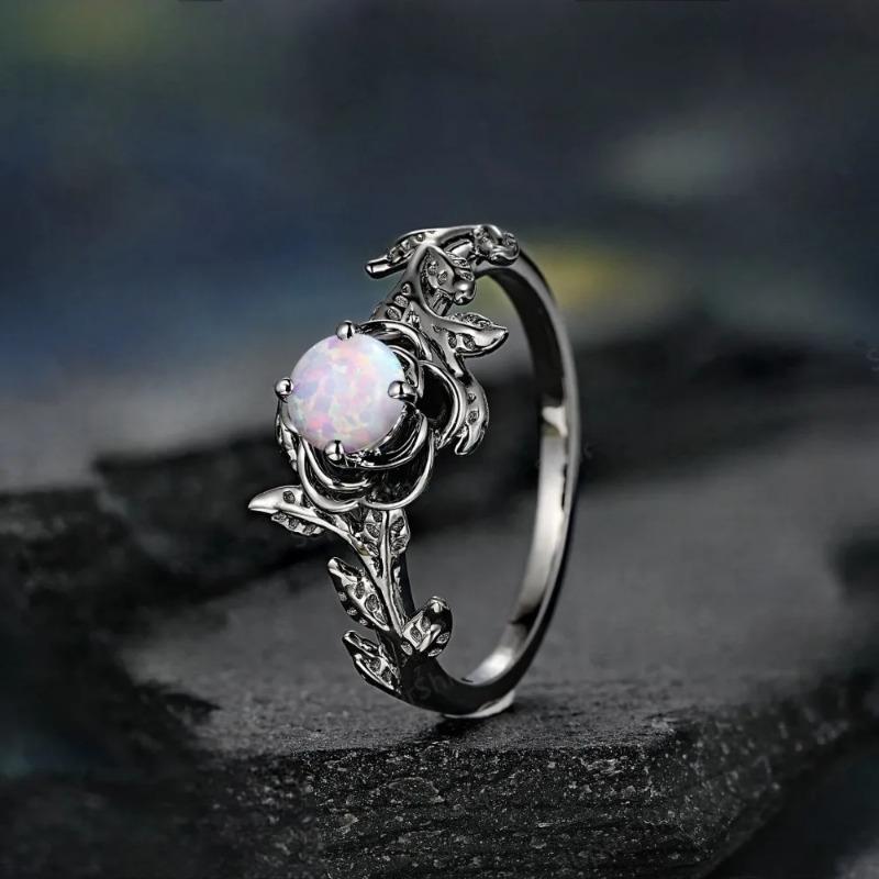 Inlaid Moonstone Rose Flower Rings Women Fashion Ring Romantic Attractive Rings for Women Vintage Metal Inlaid Ring Jewelry