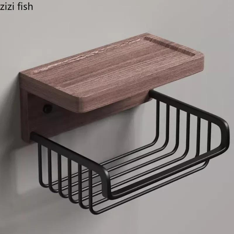 Wooden Metal Tissue Holders Non Punched Toilet Paper Holder Wall Shelf Napkin Holder Roll Paper Holders Tissue Storage Rack