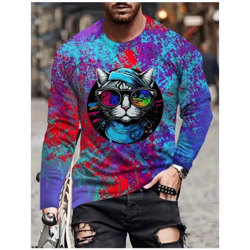 Samurai Cat T-Shirt for Men Funny Animal 3D Graphic Men's Long Sleeve Tee O-Neck Men's Clothing Japanese Anime Style Y2k Tops