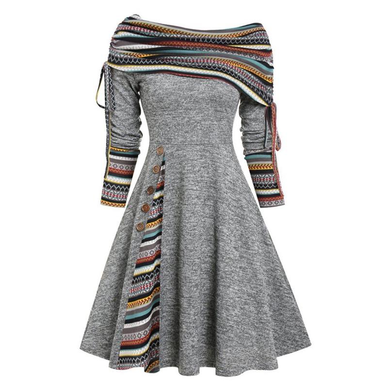 Høst Vinter Mote Kvinner Vintage Kjoler Klær Løs Midje Bred Sving Ett Skulder Langermet Kjole for Kvinner