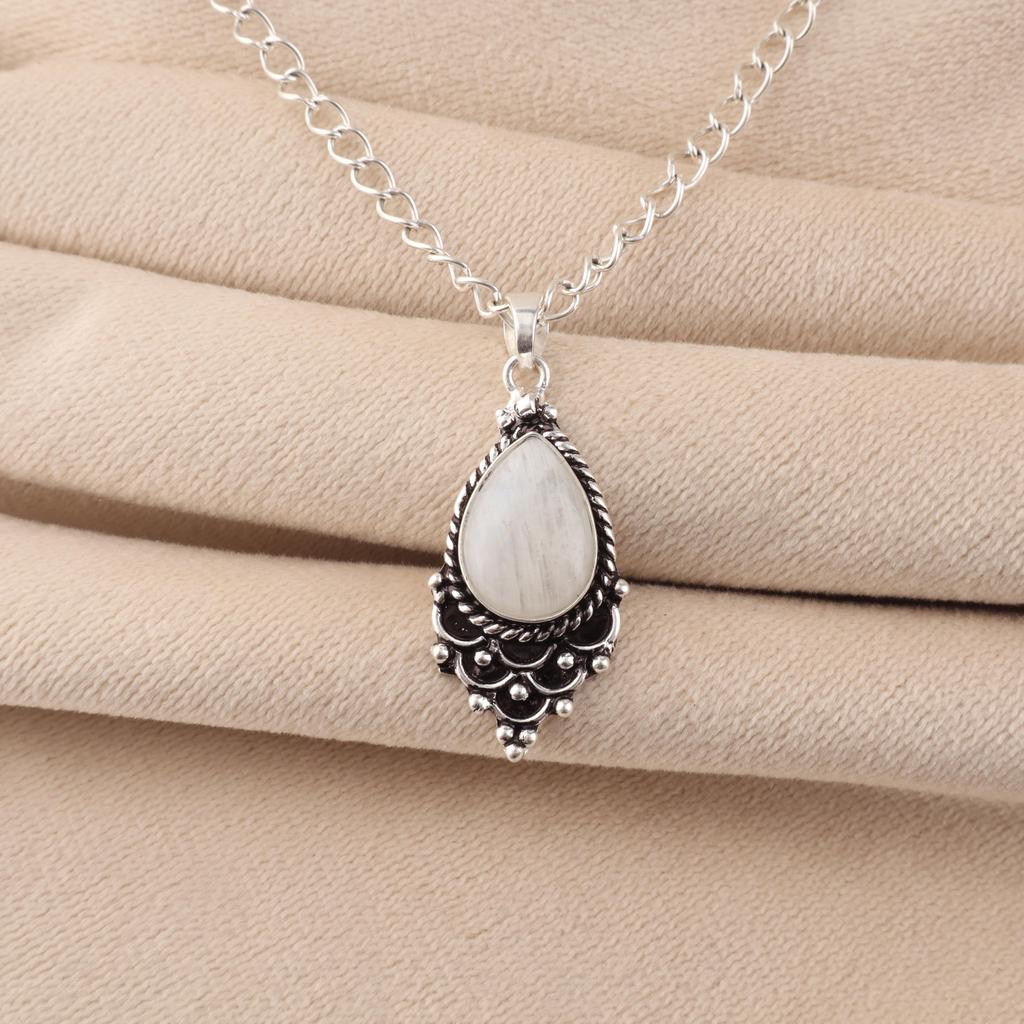 Rainbow Moonstone Gemstone 925 Sterling Silver Handcrafted Jewelry Pendant 1.5" For Gift PP-70-24