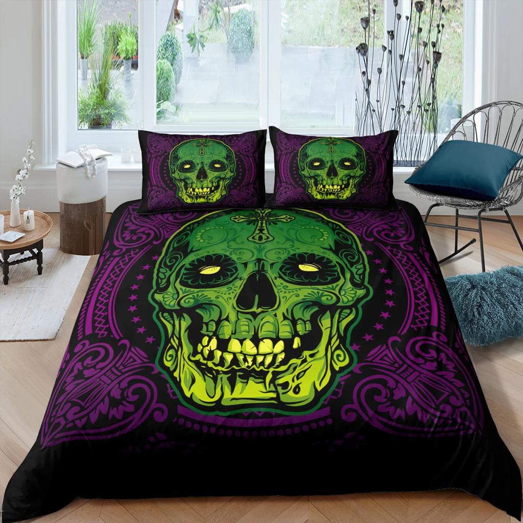 Sugar Skull Bedding Sets King Beauty Kiss Skull Duvet Cover Bed Set Bohemian Print Black Bedclothes Queen Size Bedline
