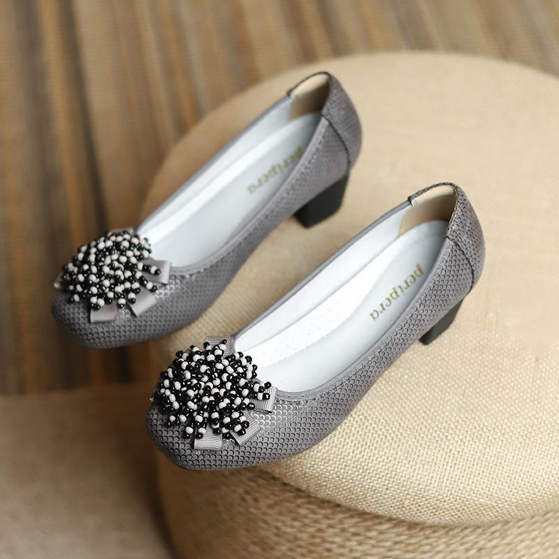 Fashion Women's Shoes Spring New Thick Heel Cowhide Shallow Mouth Single Shoes Printed Beaded Wedding Party Fashion Women Pumps