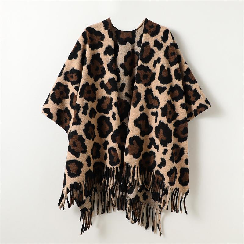 

Осень И Зима Унисекс Леопардовый Принт Цветовое Сочетание Двусторонний Шаль С Имитацией Кашемира Высококачественный Теплый Шарф-Кейп с Бахромой 168cm