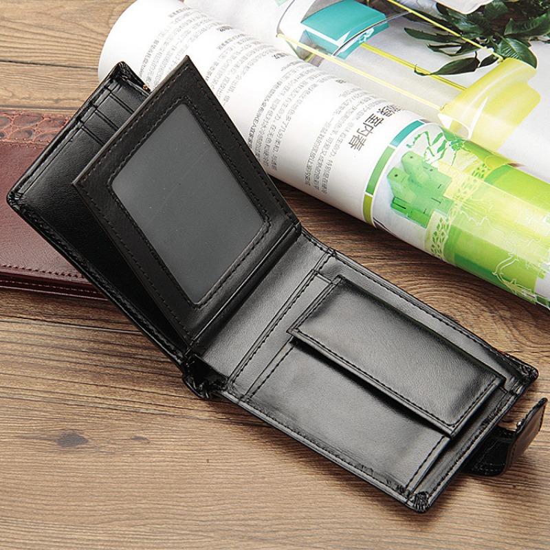 Men's small card bag buckle short money ticket clip splicing change bag horizontal leather wallet, men