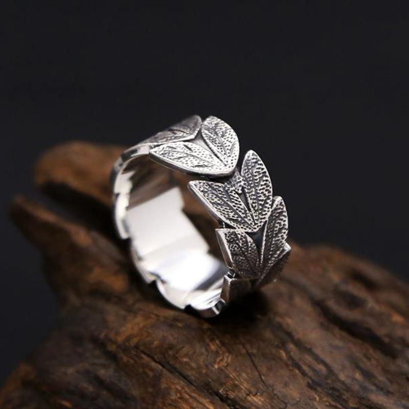 Trendy Brand Leaf Pattern Ring for Men, Retro Fashionable Index Finger Ring with Adjustable Opening