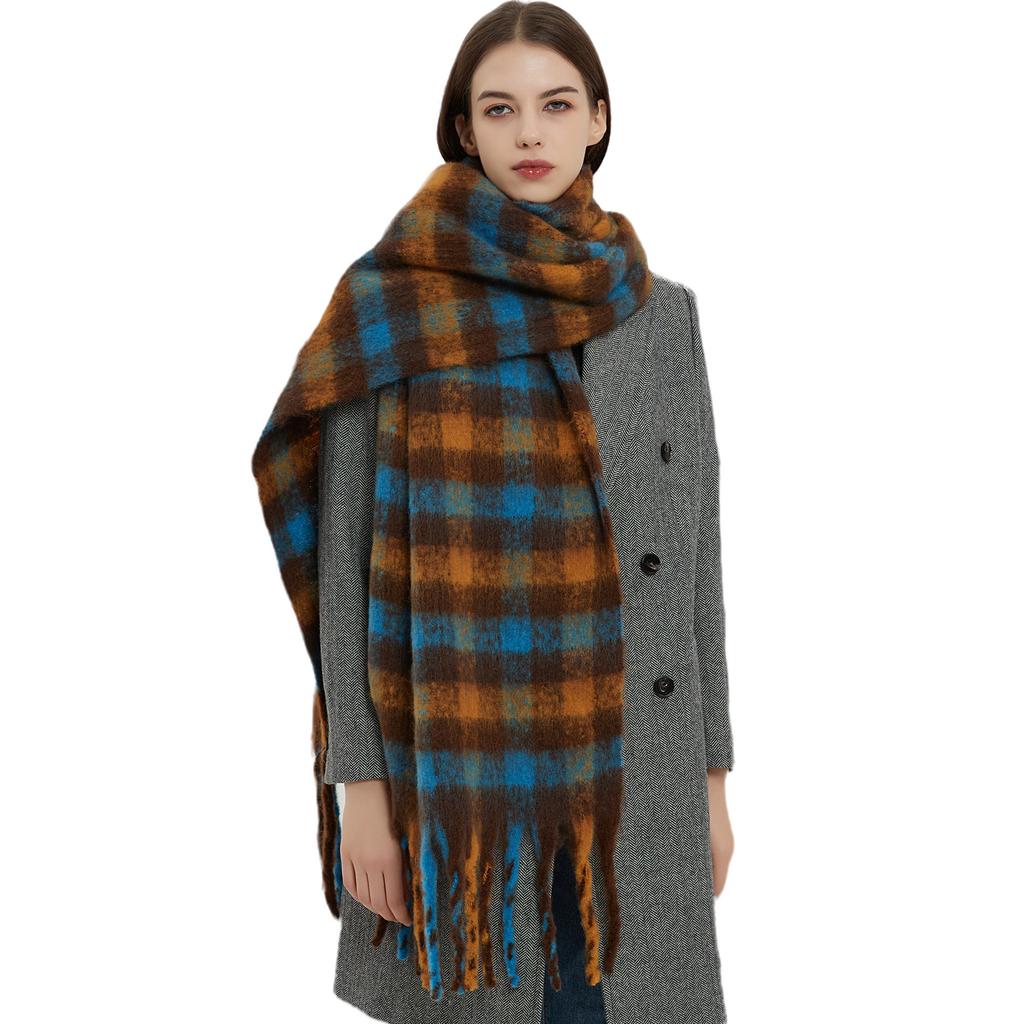 Foreign trade winter thickened imitation mohair small plaid scarf European and American new thick tassel plaid scarf shawl manufacturer