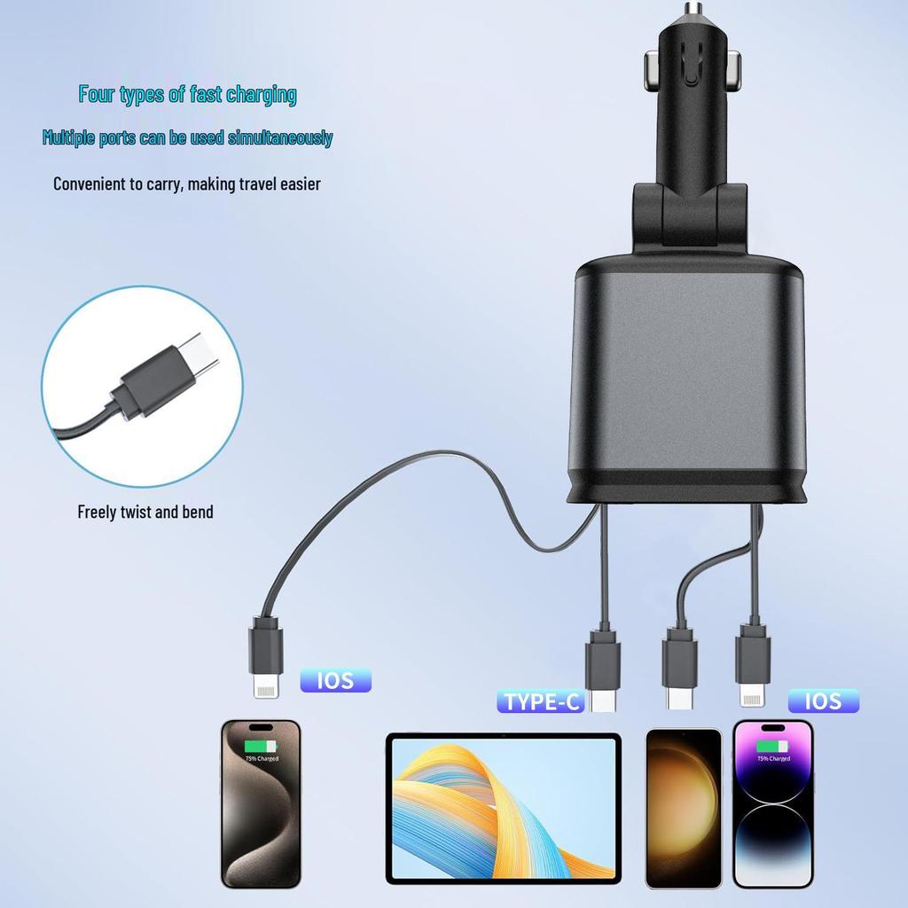 Retractable Four-in-One Car Charger with Starry Sky Light & Alloy Finish for Apple & Huawei