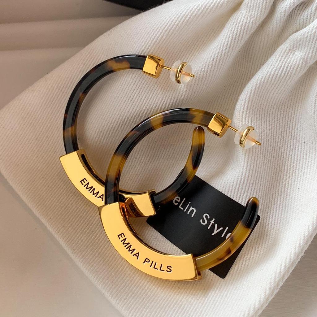 Leopard Print Tortoiseshell Large Hoop Earrings, 925 Silver, Women's Statement Jewelry