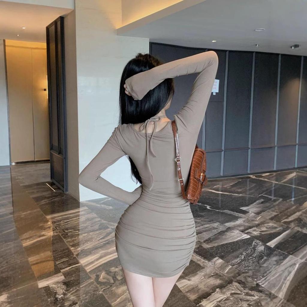 2025 Spring & Autumn French Retro Sexy Bodycon Drawstring Dress for Women