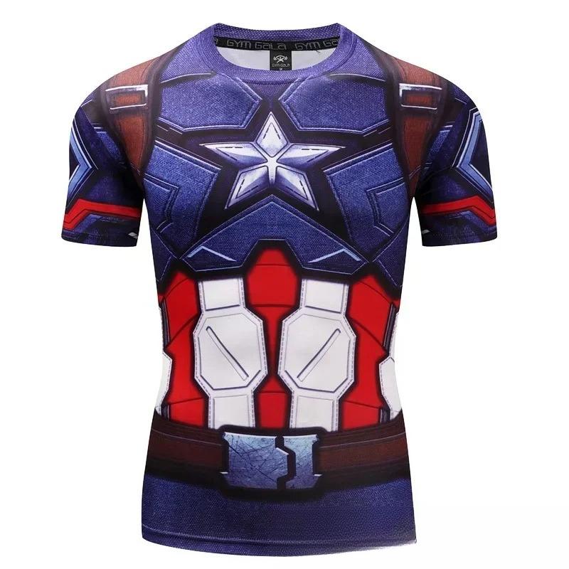 Men's 3D Printed Superhero Captain America Sports Short-Sleeved T-Shirt Quick-Dry Compression Running Sports Shirt Summer