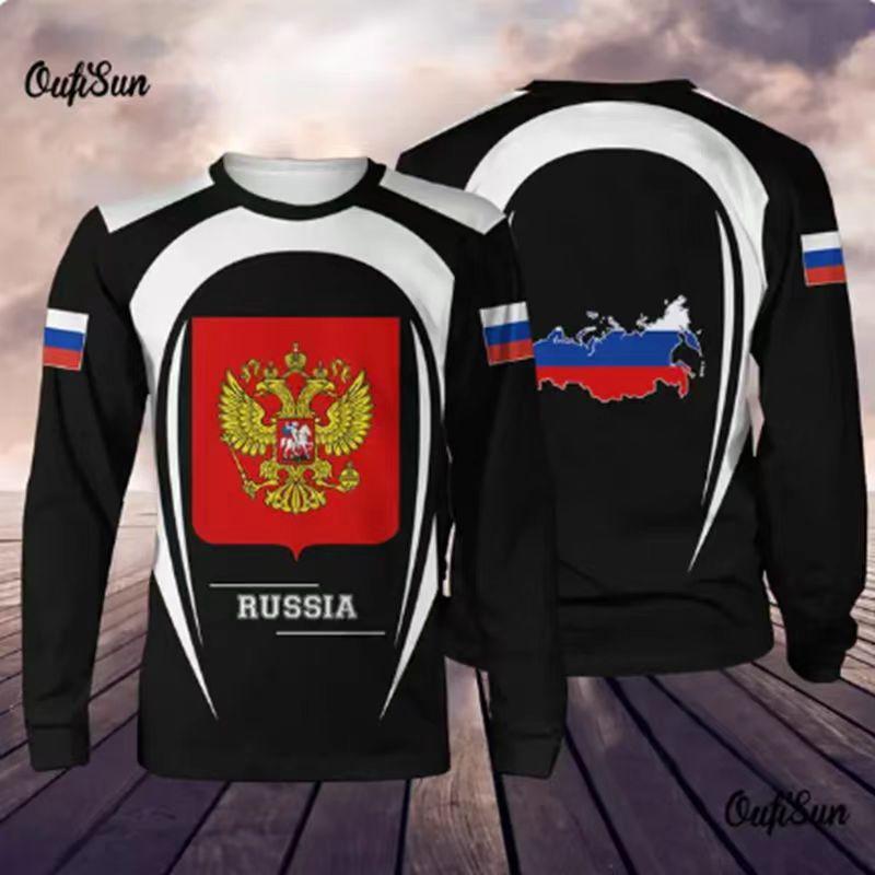 

Футболки мужские с круглым вырезом и 3D-принтом в русском стиле, повседневные, с длинным рукавом - Мягкая полиэстеровая ткань средней эластичности, одежда для весны и осени, свободного кроя 2XL