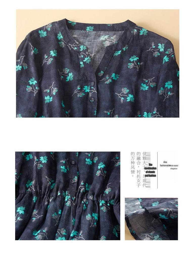 Abito da donna con scollo a V, cotone e lino, manica a cinque quarti, allacciatura, estivo 2024, retro, dimagrante in vita, lungo
