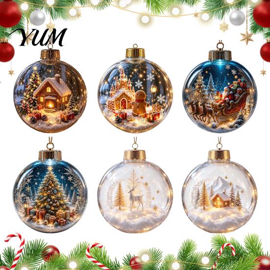 Decorative Snow Ball Pendants Christmas Ornament with LED Lights, Scene Acrylic Clear Holiday Decor, Shatterproof Xmas Tree Hanging Sphere Pattern