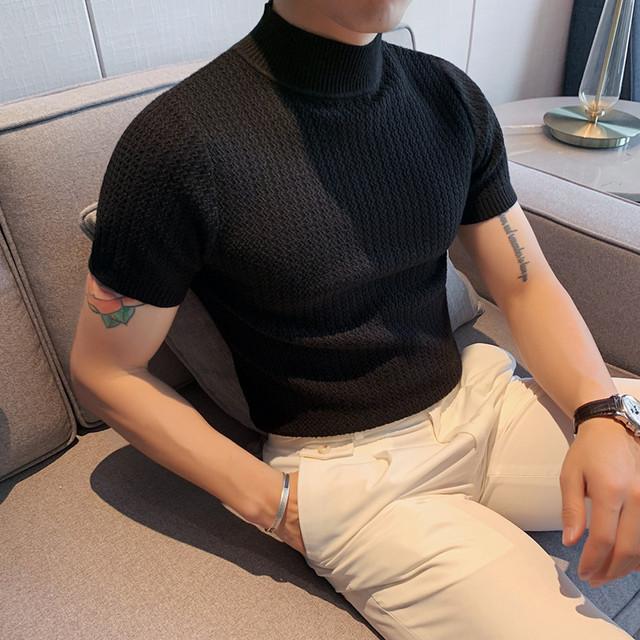 Autumn New Short Sleeve Knitted Sweater Men Tops Clothing 2026 All Match Slim Fit Stretch Turtleneck Casual Pull Homme Pullovers