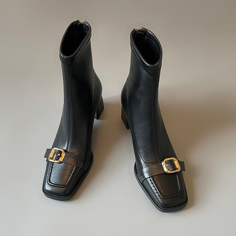 Fashion Vintage Thick Heel Woman Ankle Boot Fashion Belt Buckle Ladies Elastic Slim Short Booties Autumn Winter Women's Shoes