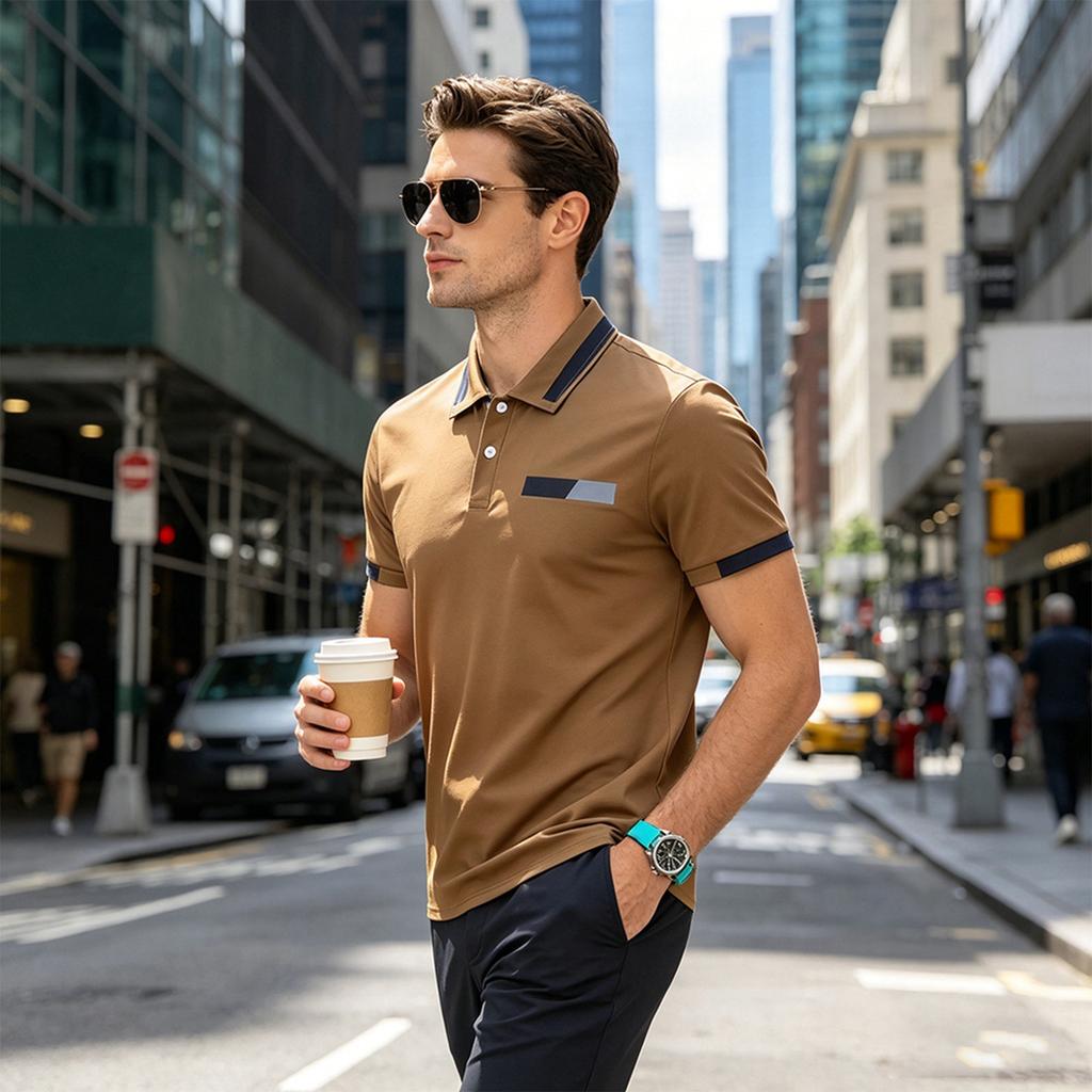 Men's Short Sleeve Polo Shirt Classic Fit Button Down Collar Pocket Design Casual Lightweight Breathable Top for Daily Wear