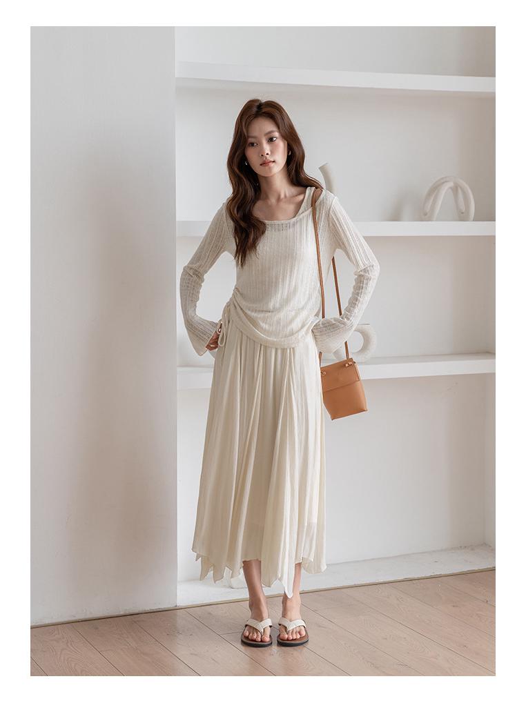 Korean Style Pleated Drawstring See-through Sun Protection Long Sleeve Women's Autumn/Winter Top