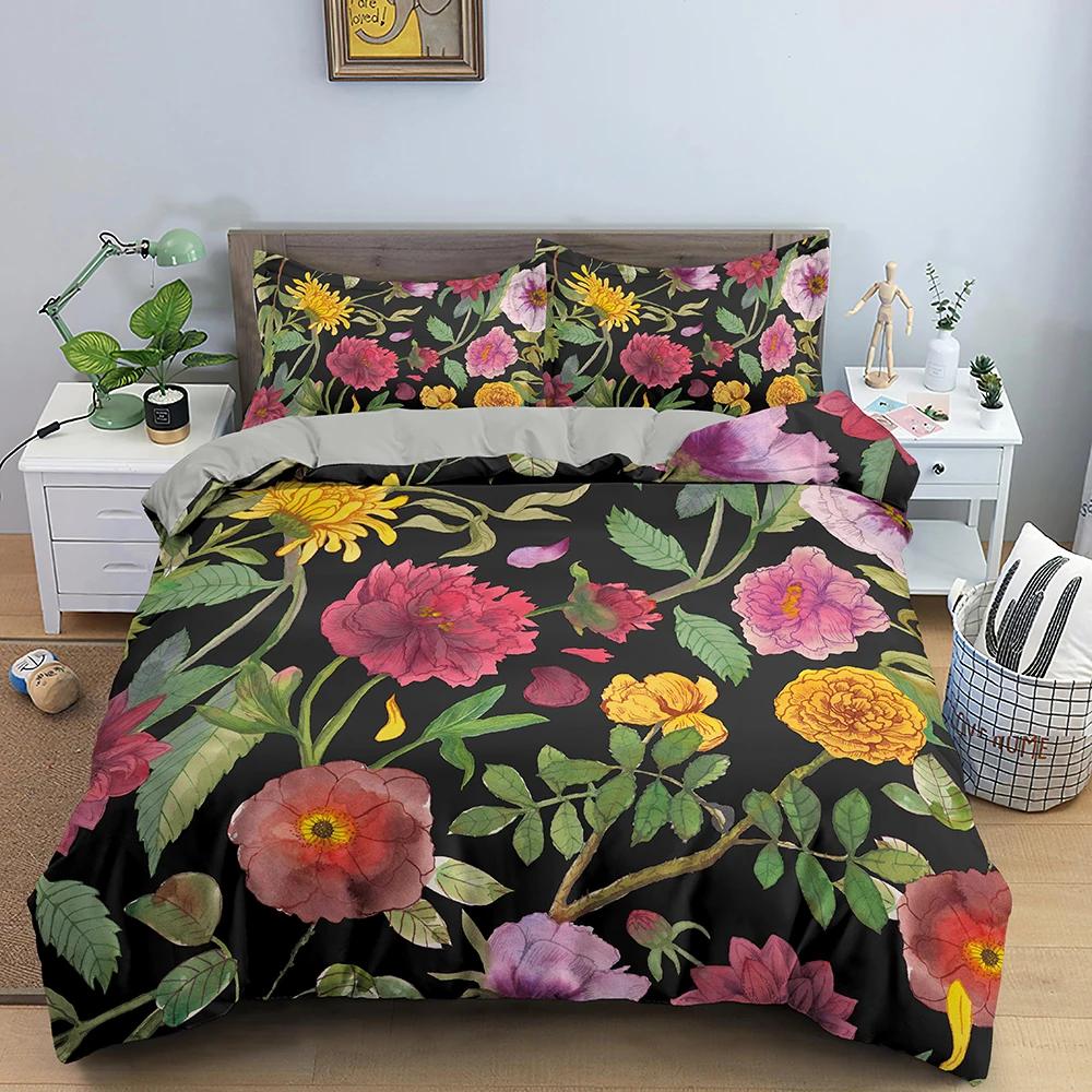 Vintage Flower King Queen Duvet Cover Peony Sunflower Bedding Set Tropical Floral Quilt Cover Boho Polyester Comforter Cover