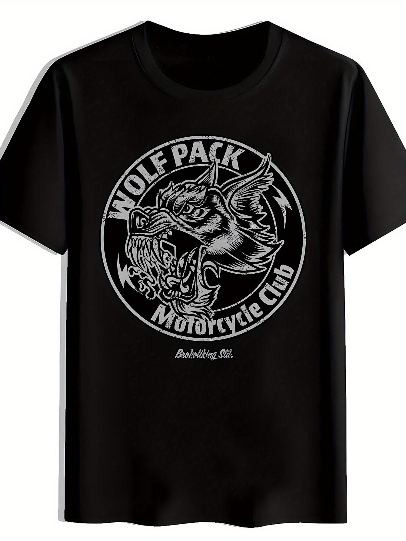 Wolf Pack Motorcycle Club Graphic T-shirt - Vintage Rock Band Design with Wolf & Skulls L