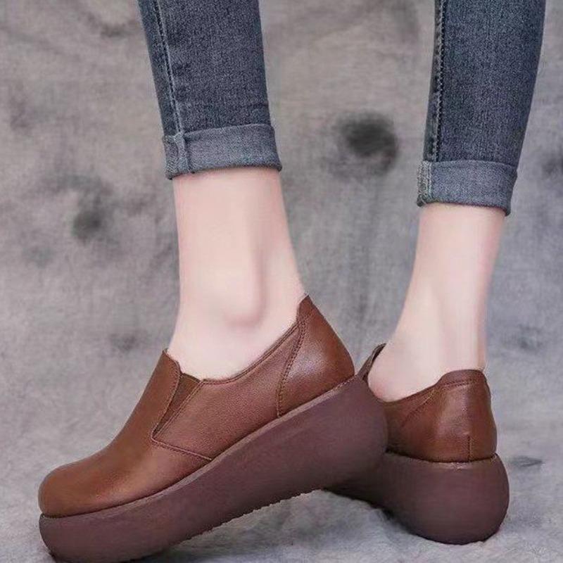 Versatile slope heel platform non-slip leather shoes autumn new retro muffin shoes women's casual single shoes