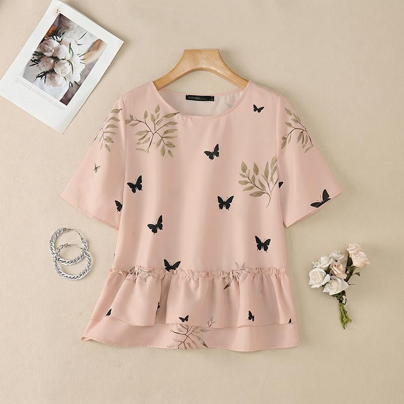 ZANZEA Women Casual Round Neck Loose Short Sleeve Print Blouse