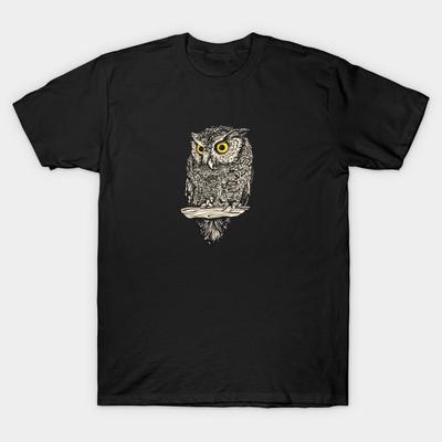 Men Black Print T-shirt Little Owl No-Cut Heat Transfer Print Cotton Tshirt