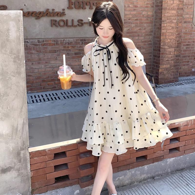 Women's Off-Shoulder Polka Dot Petite Dress – Summer 2026 Elegant French Style, Fluffy and Short