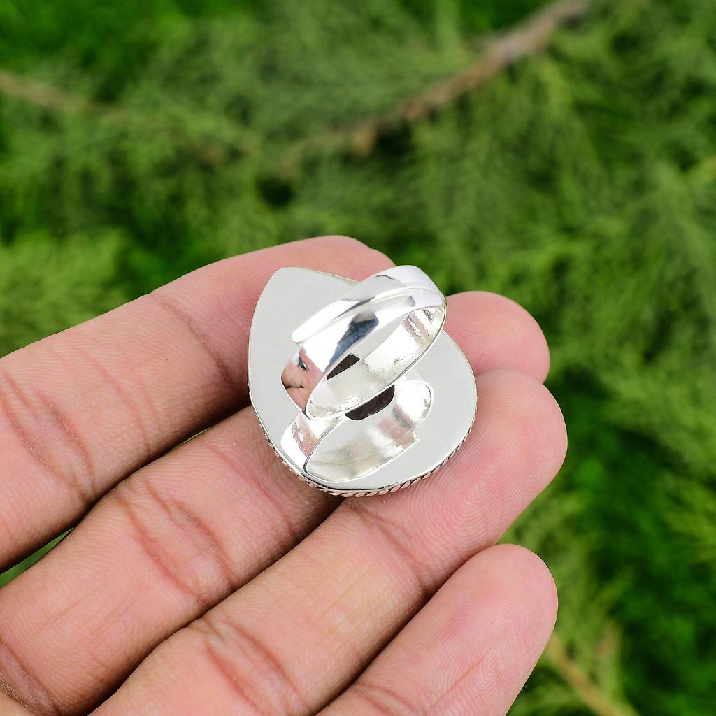 Thanks Giving Day Deal Pear Solar Moss Agate Stone Sterling Silver Art Deco Ring