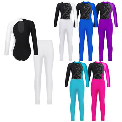 Kids Girls Gymnastics Skating Dance Outfits Long Sleeve Mock Neck Leotard and Leggings