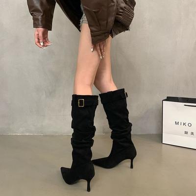 Boots Stacked Small Pointed High Heel Year Belt Buckle Boots Show High Boots Stiletto