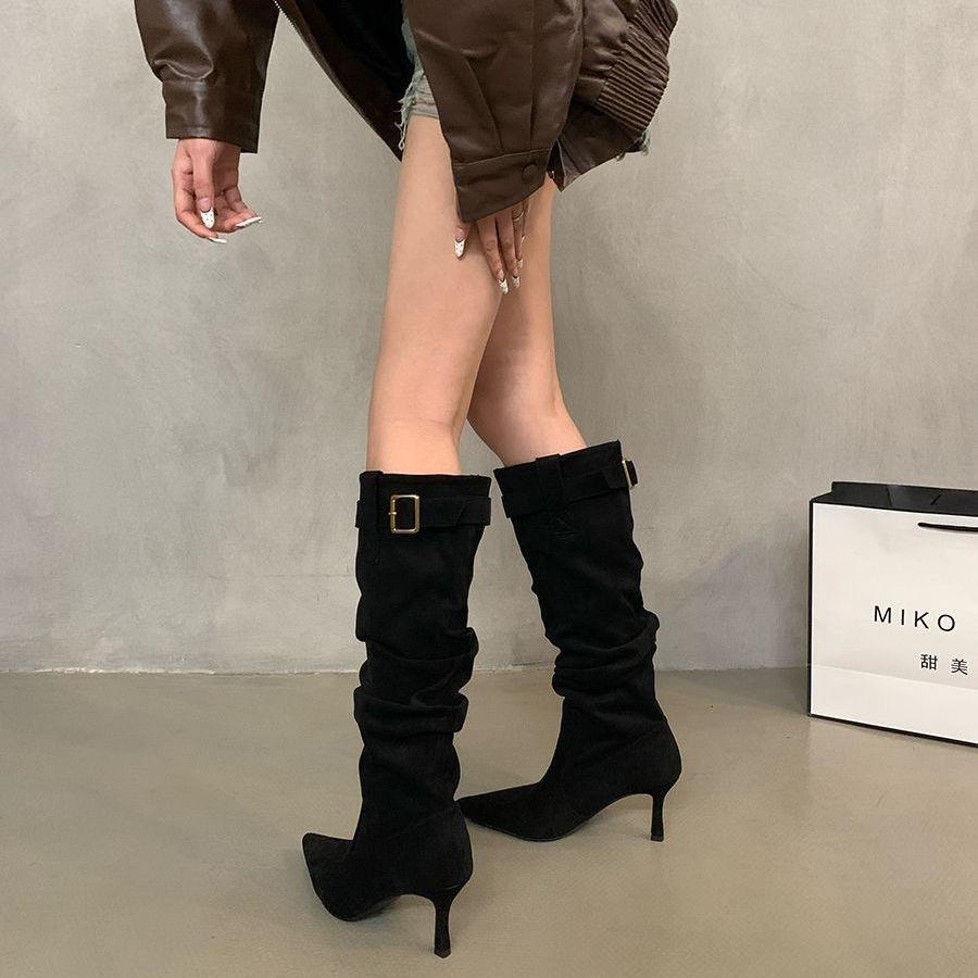 Boots stacked small pointed high heel year belt buckle boots show high boots stiletto