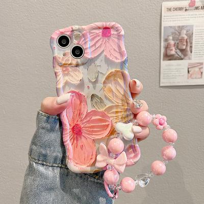 Lüks Bahar Mavi-ışın Yağlıboya Çiçek Kılıfı iPhone 16 15 14 13 12 11 Pro Max Kıvırcık Dalga Kenar Kamera Koruma Yumuşak IMD Kapak Bileklikli