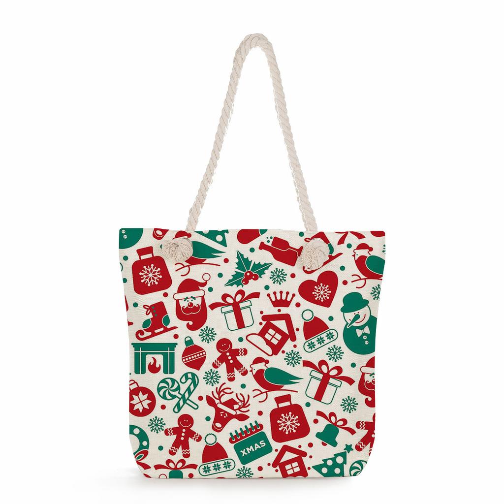 Multifunctional Christmas Printed Thick Rope Shoulder Beach Bag Casual large capacity handbag 7603